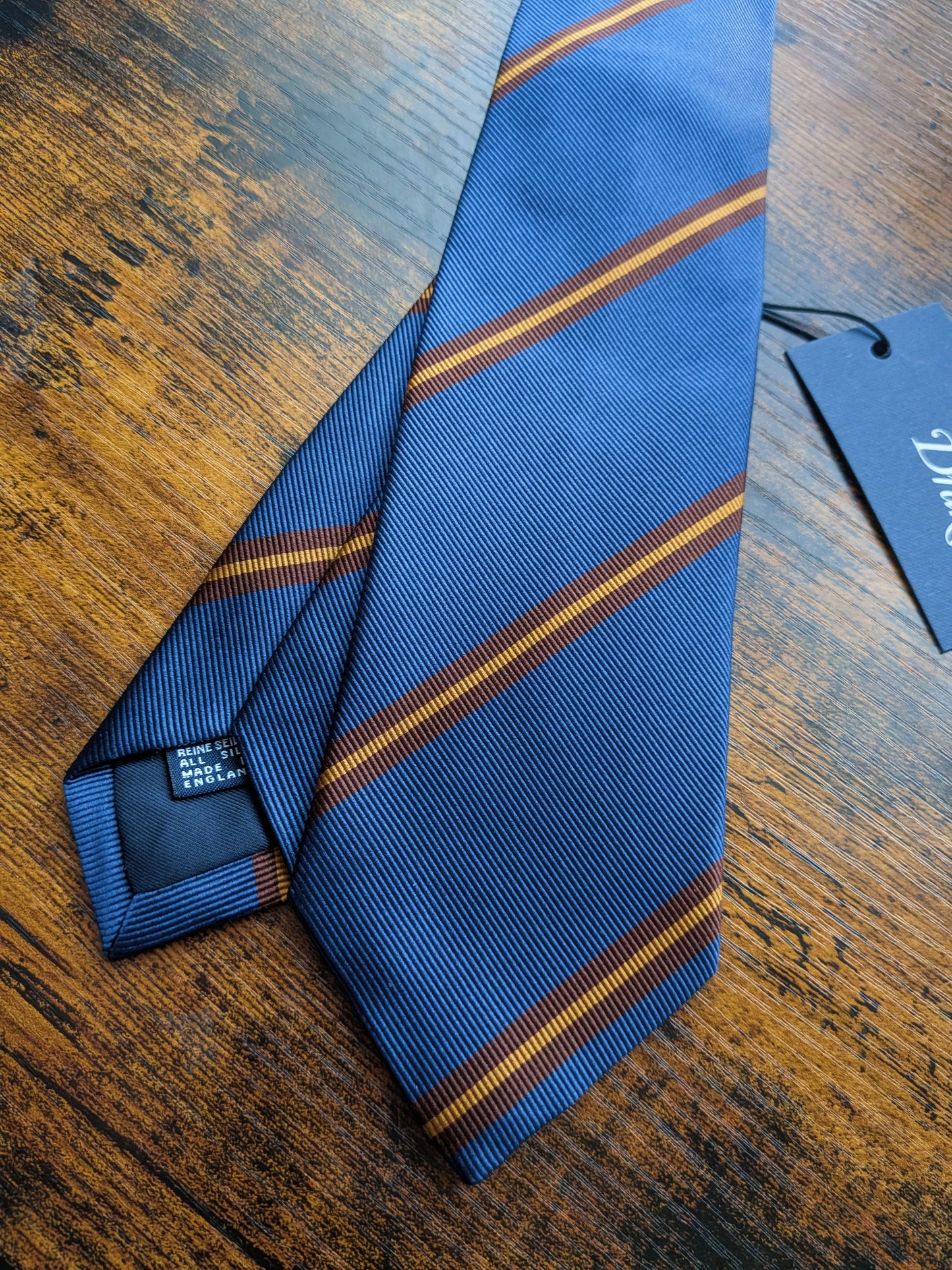 Drake's Blue, Brown and Yellow Striped Handmade Silk Tie With Tag