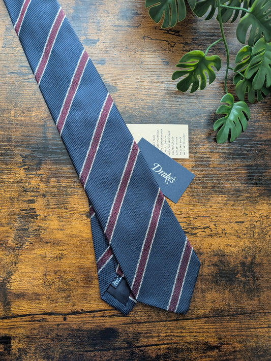 Drake's Navy, Burgundy and White Striped Handmade Silk Tie With Tag
