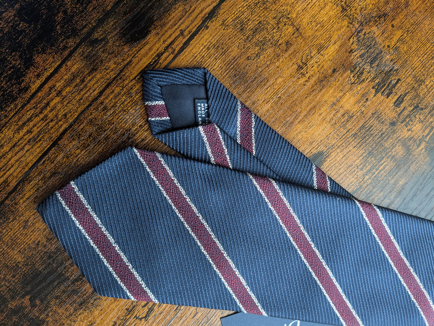 Drake's Navy, Burgundy and White Striped Handmade Silk Tie With Tag