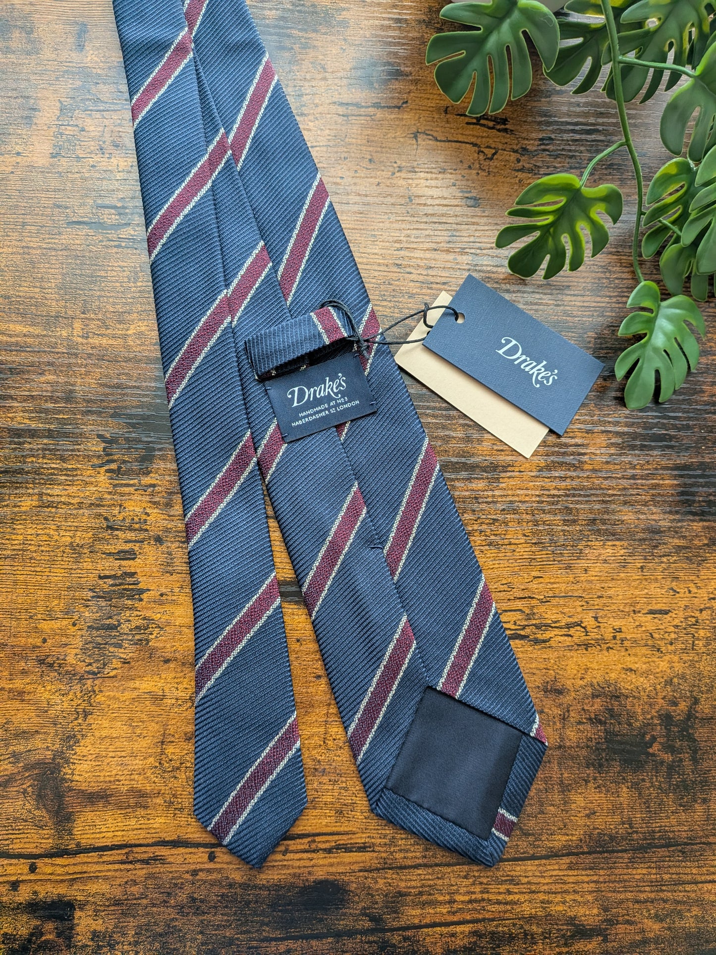 Drake's Navy, Burgundy and White Striped Handmade Silk Tie With Tag