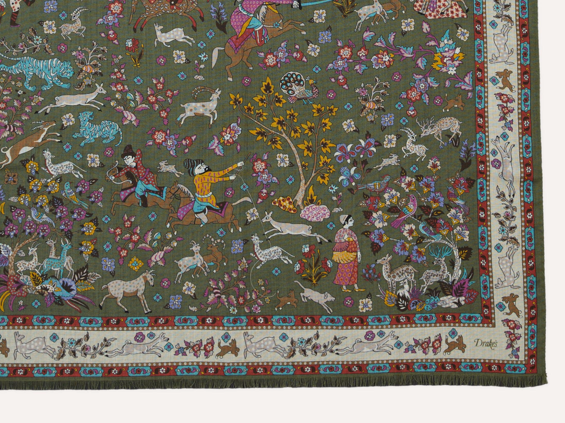 Drake's Green Summer Mughal Print Wool Silk Scarf Limited Edition