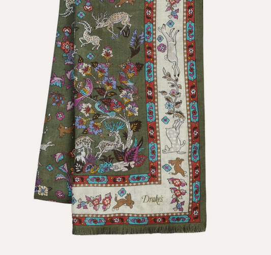Drake's Green Summer Mughal Print Wool Silk Scarf Limited Edition