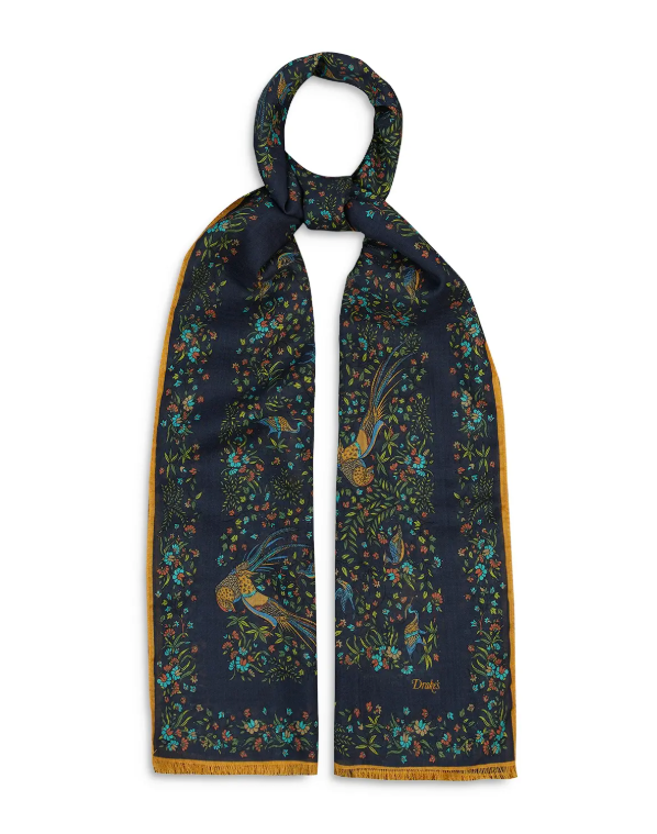 Drake‘s Navy Floral Birds of Paradise Print Wool-Silk Scarf Limited Edition