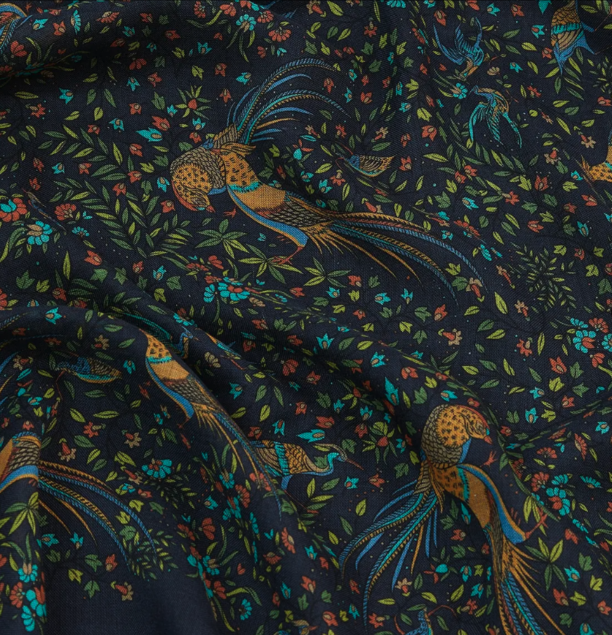 Drake‘s Navy Floral Birds of Paradise Print Wool-Silk Scarf Limited Edition