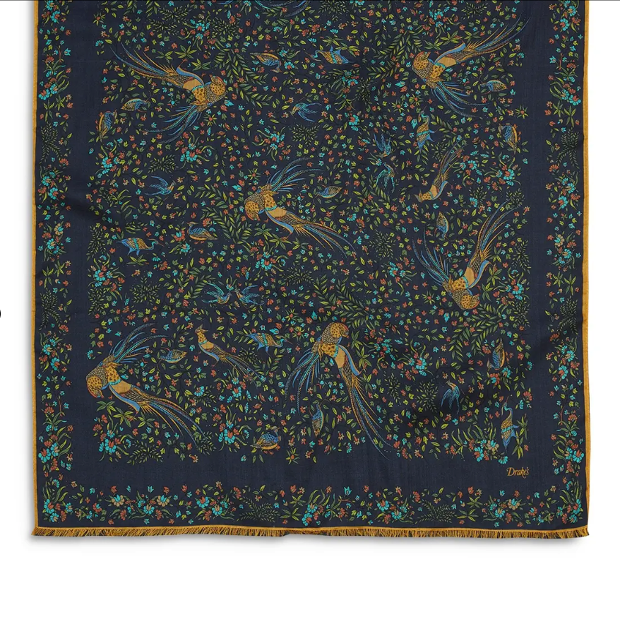 Drake‘s Navy Floral Birds of Paradise Print Wool-Silk Scarf Limited Edition