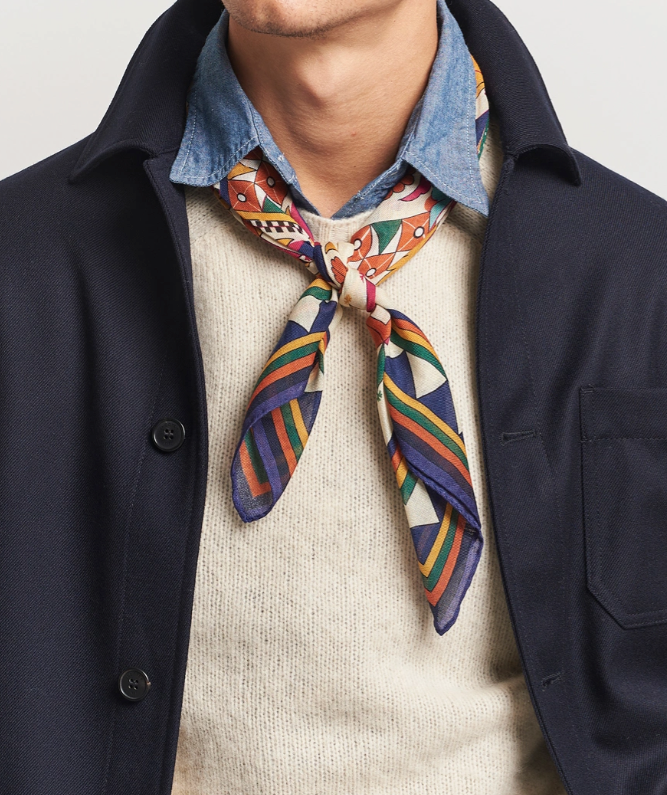 Drake's Orange Buddhist Rider Print Wool-Silk Bandana