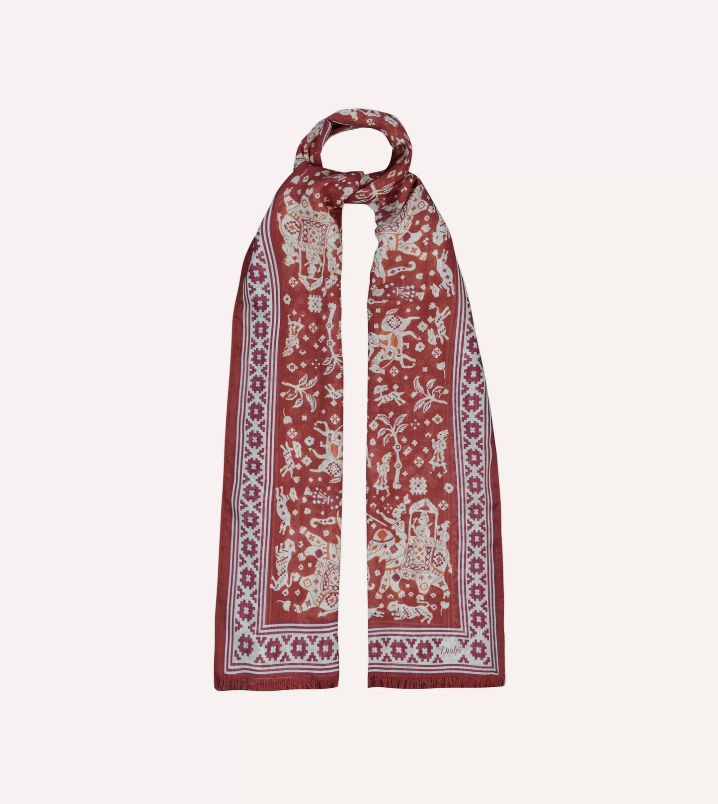 Drake's Burgundy Mughal Elephants Print Wool-Silk Scarf Limited Edition
