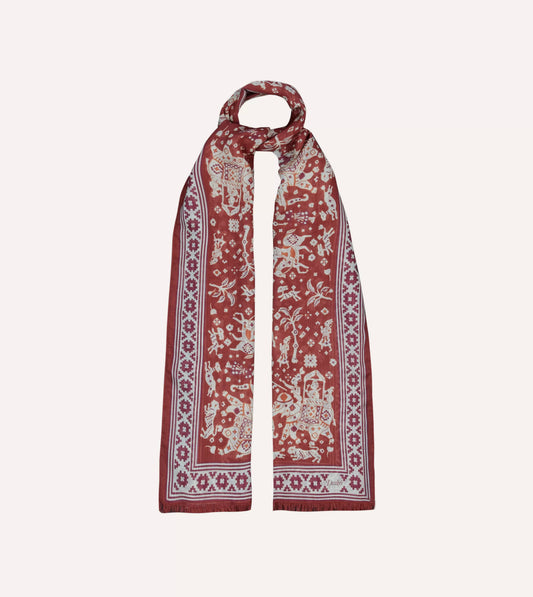 Drake's Burgundy Mughal Elephants Print Wool-Silk Scarf Limited Edition