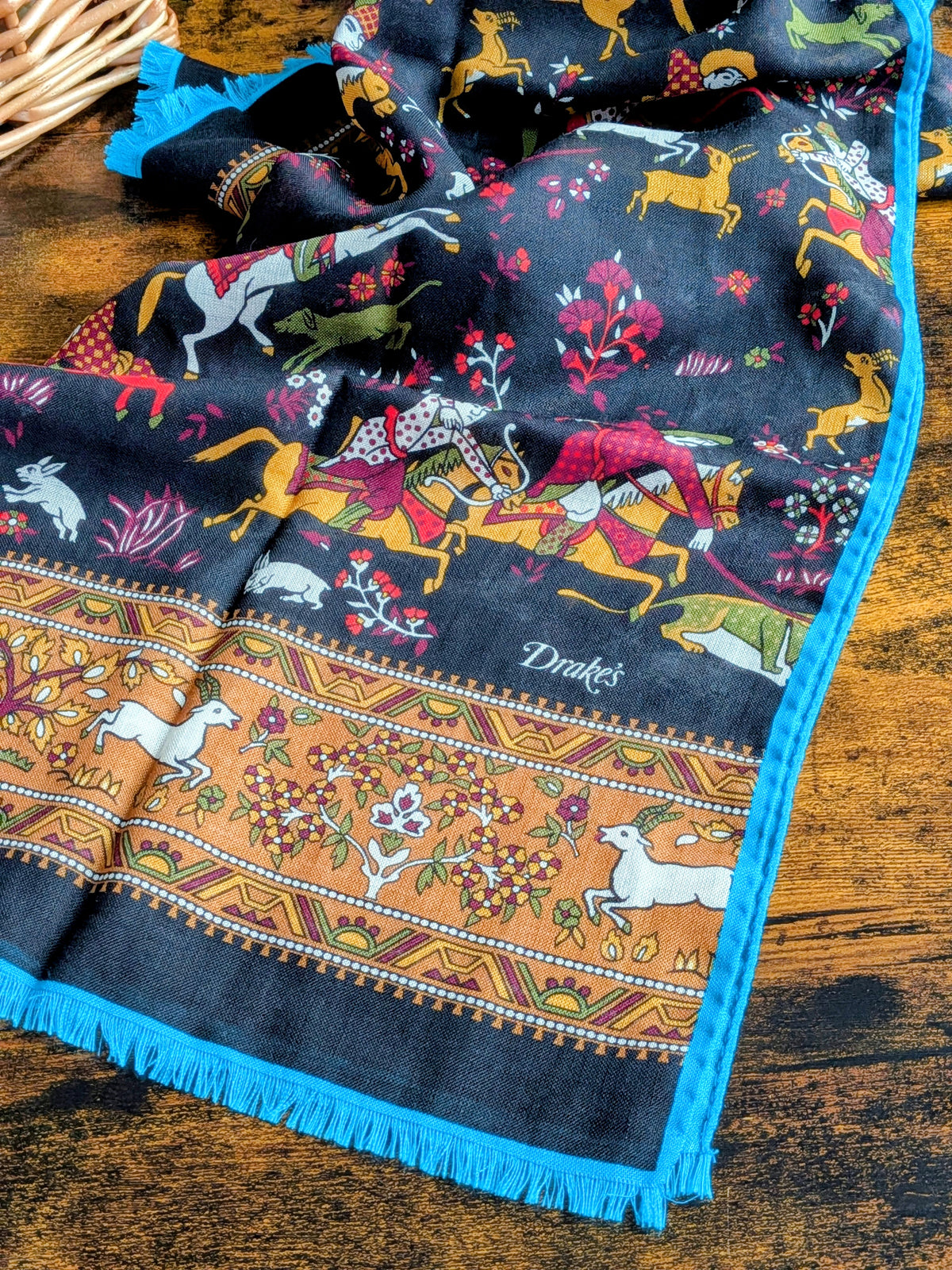 Drake's Black and Blue Mughal Fringed Printed Wool and Silk-Blend Scarf - image 1