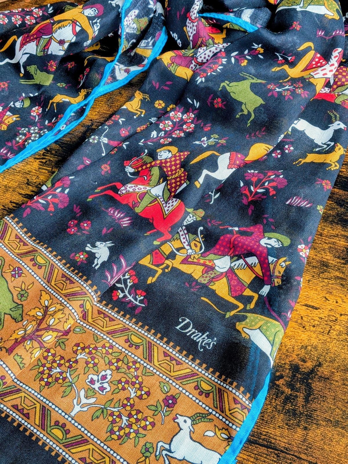 Drake's Black and Blue Mughal Fringed Printed Wool and Silk-Blend Scarf - image 4
