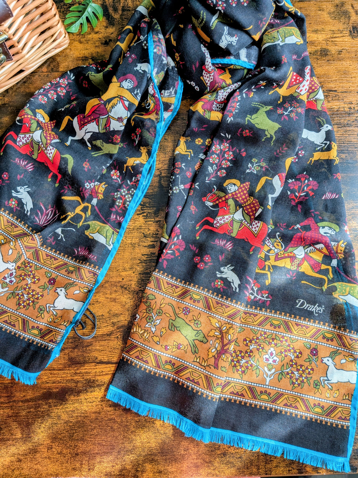 Drake's Black and Blue Mughal Fringed Printed Wool and Silk-Blend Scarf - image 5