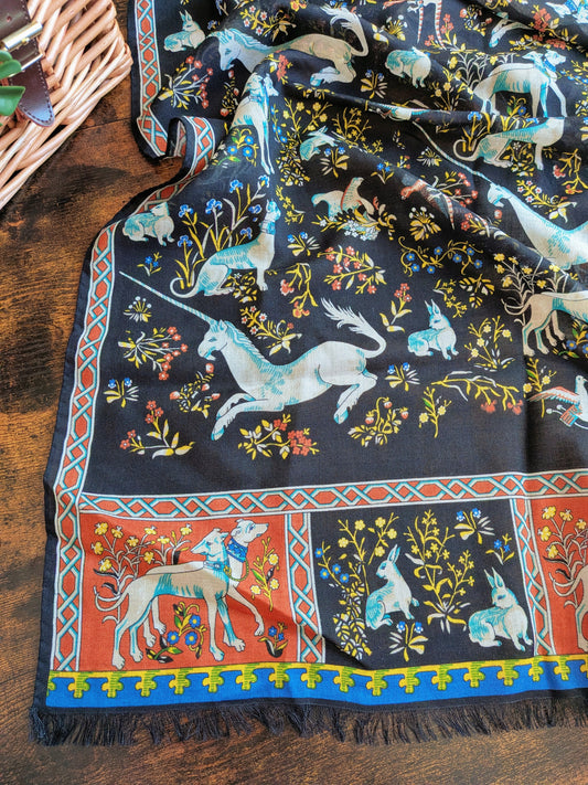 Drake's Black and Orange Unicorn Print Tubular Wool Silk Scarf - image 1
