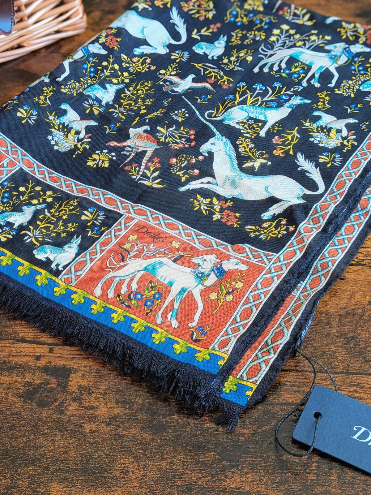 Drake's Black and Orange Unicorn Print Tubular Wool Silk Scarf - image 2