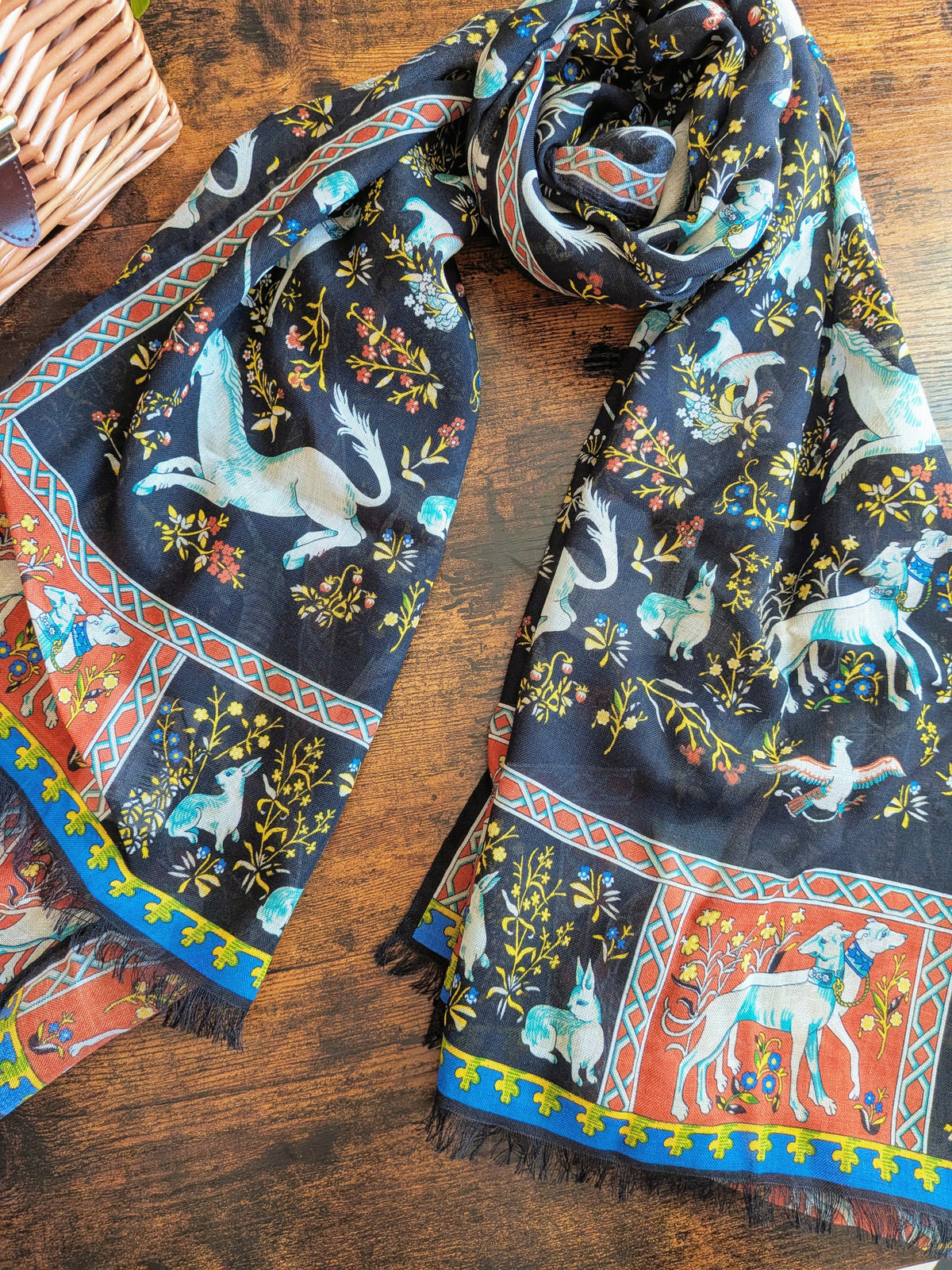 Drake's Black and Orange Unicorn Print Tubular Wool Silk Scarf - image 3