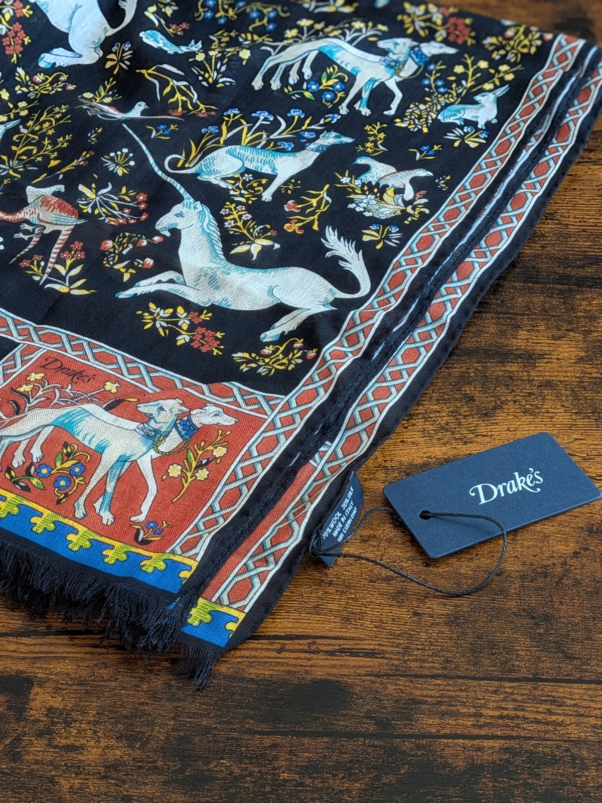 Drake's Black and Orange Unicorn Print Tubular Wool Silk Scarf - image 4