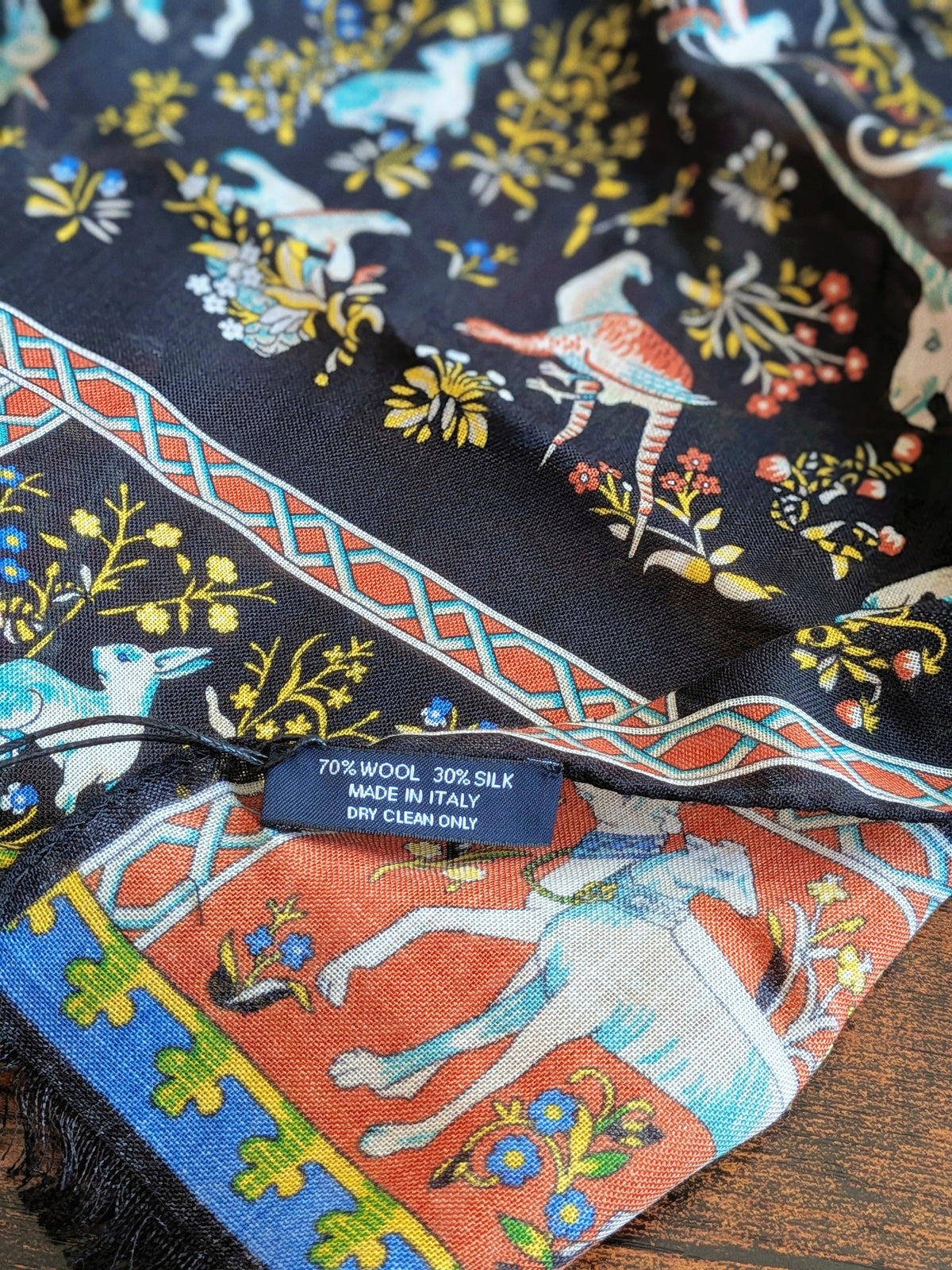 Drake's Black and Orange Unicorn Print Tubular Wool Silk Scarf - image 5