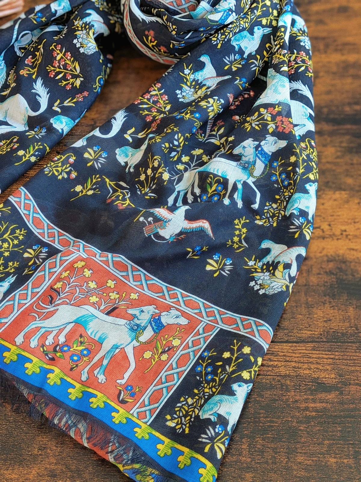 Drake's Black and Orange Unicorn Print Tubular Wool Silk Scarf - image 6