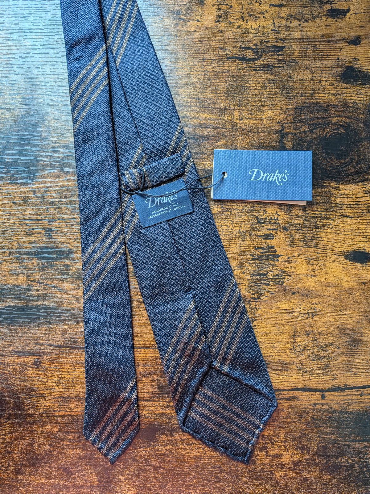 Drake's black brown handmade striped silk tie detail view 3