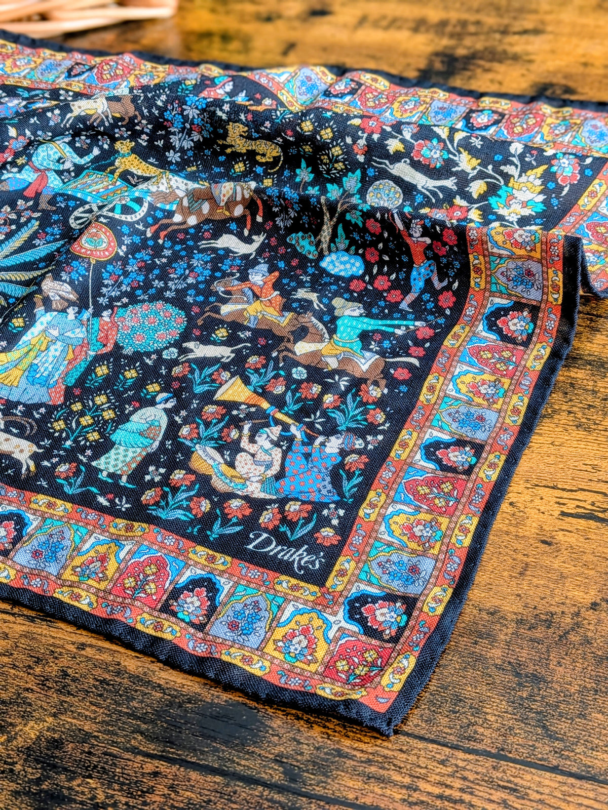 Drake's Black Mughal Print Wool-Silk Pocket Square - image 1