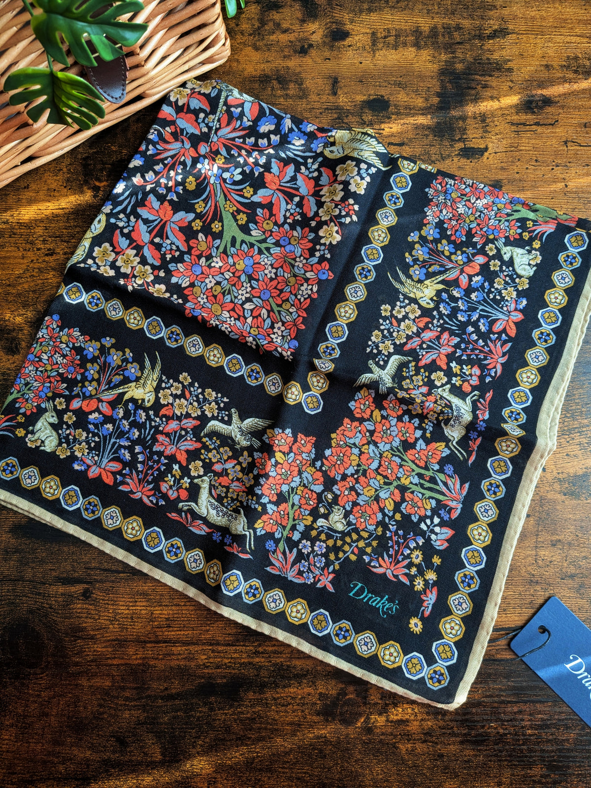 Drake's Black Mythical Forest Print Wool-Silk Bandana - image 1