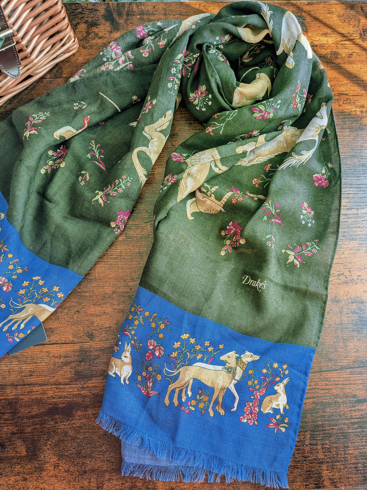 Drake's Blue and Green Unicorn Print Tubular Wool Silk Scarf - image 1