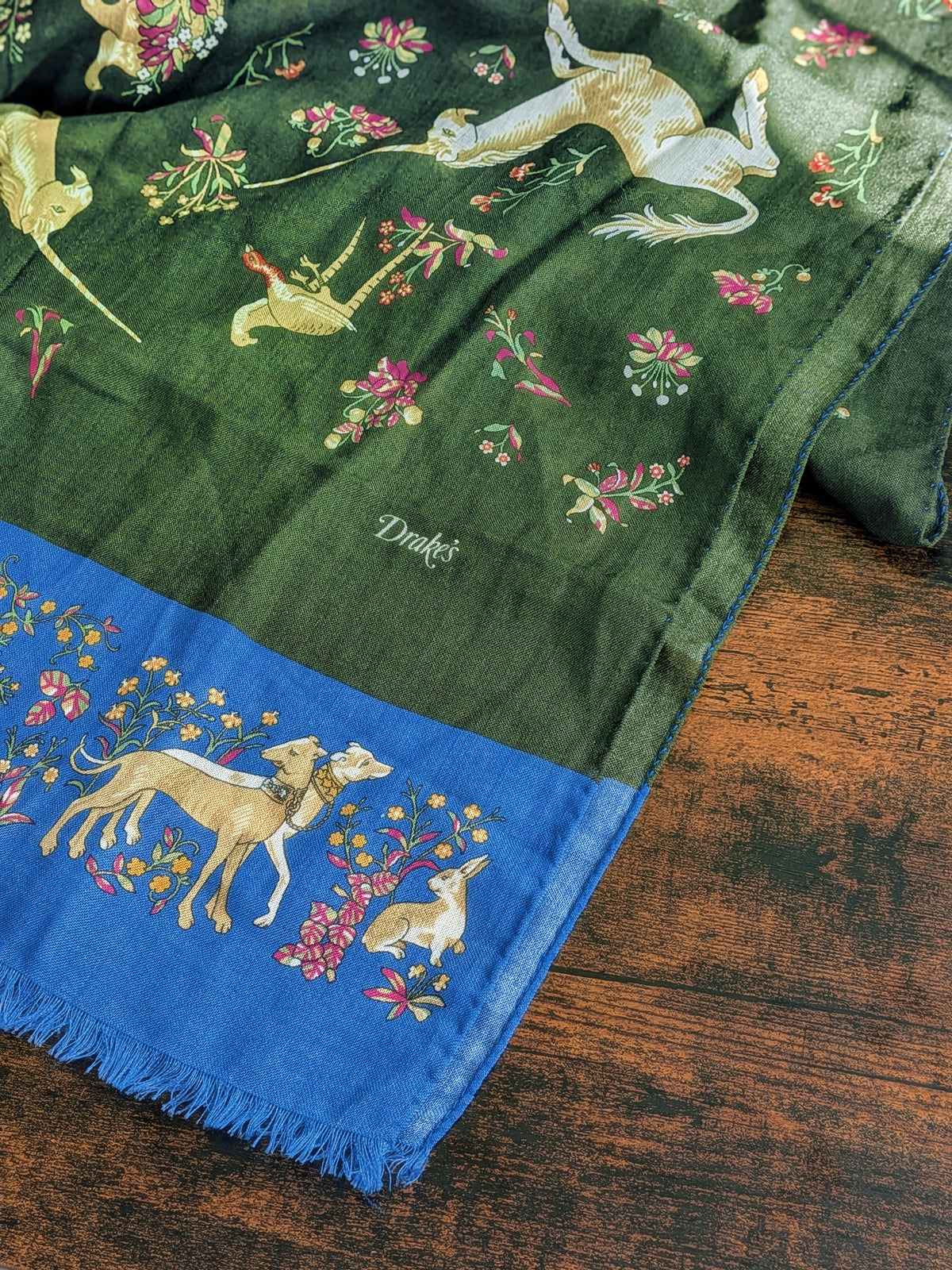Drake's Blue and Green Unicorn Print Tubular Wool Silk Scarf - image 2
