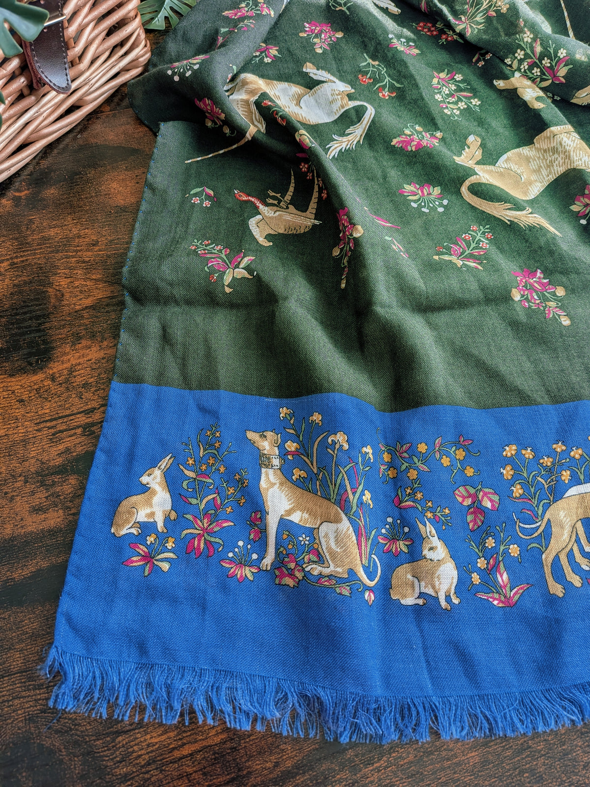 Drake's Blue and Green Unicorn Print Tubular Wool Silk Scarf - image 3