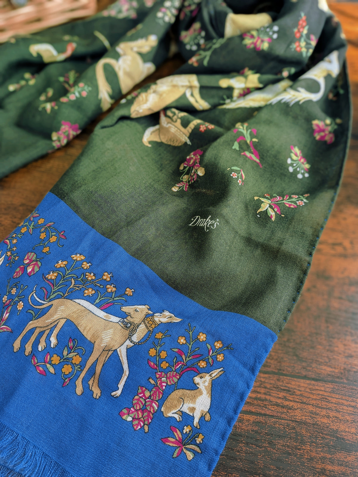 Drake's Blue and Green Unicorn Print Tubular Wool Silk Scarf - image 5