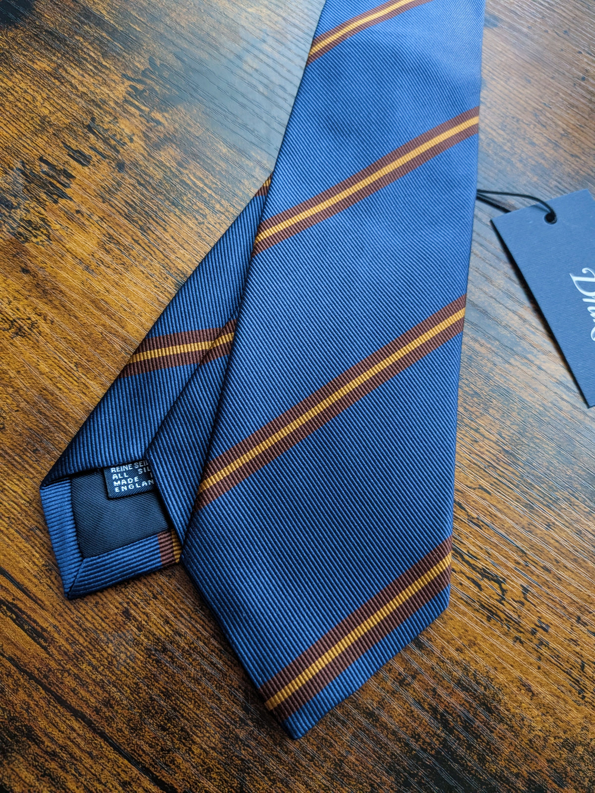 Drake's Blue, Brown and Yellow Striped Handmade Silk Tie - image 2
