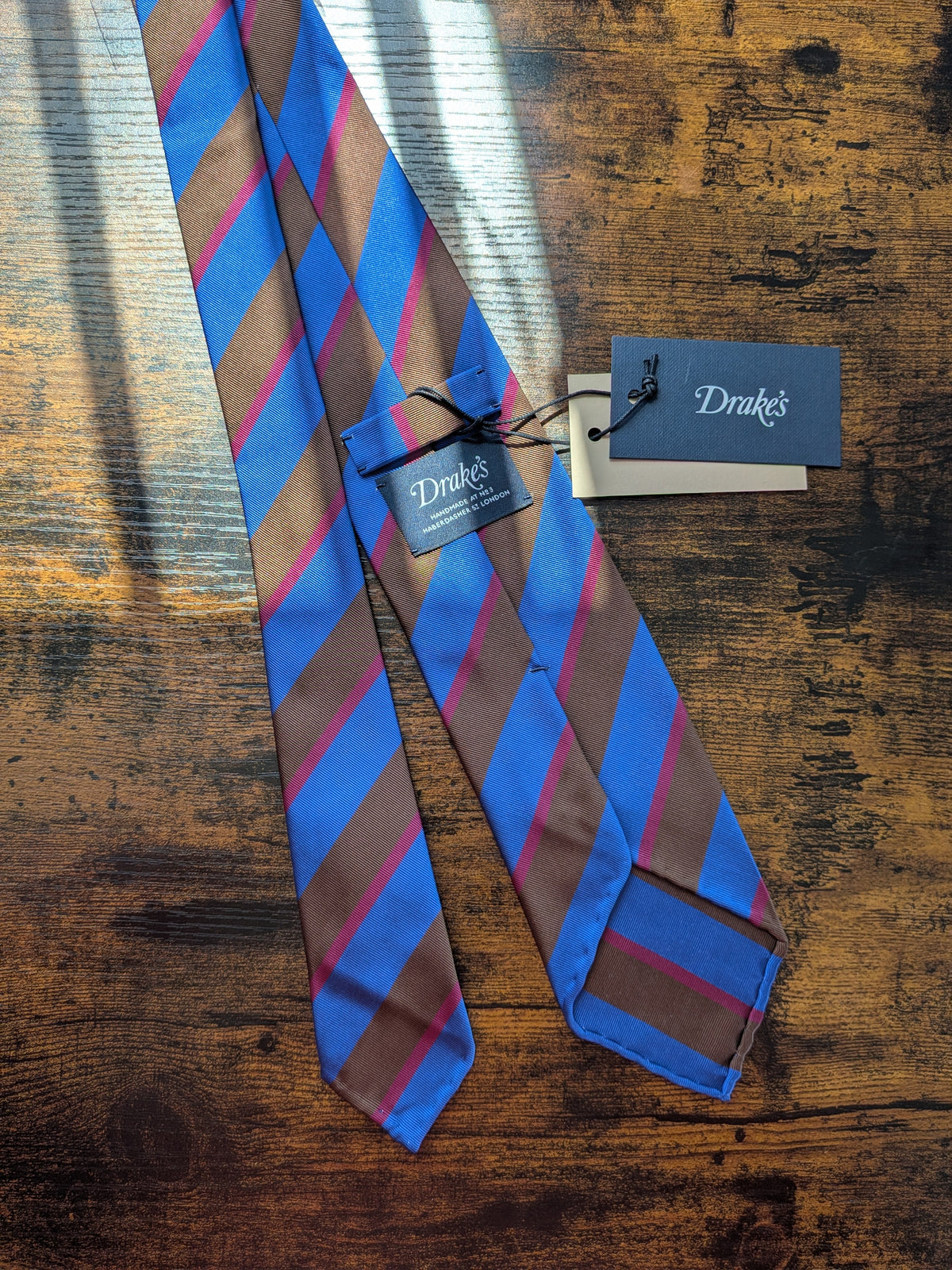 Drake's blue brown red block striped handmade silk tie detail view 2
