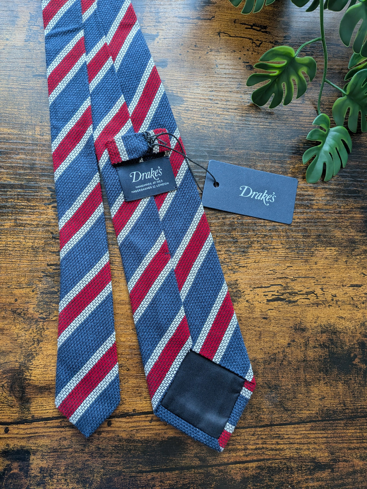 Drake's Blue, Burgundy and White Striped Handmade Silk Tie - image 2