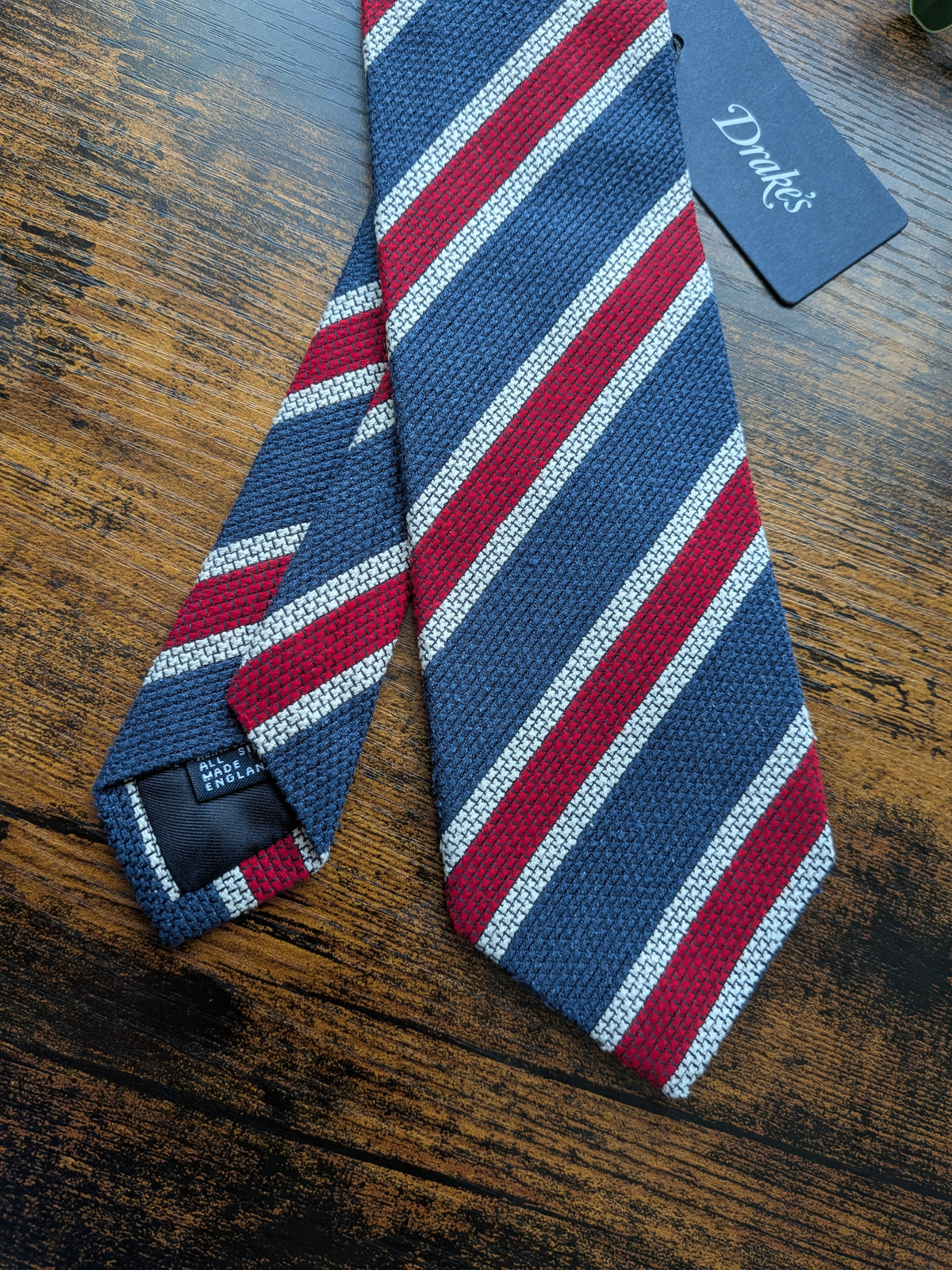 Drake's Blue, Burgundy and White Striped Handmade Silk Tie - image 3