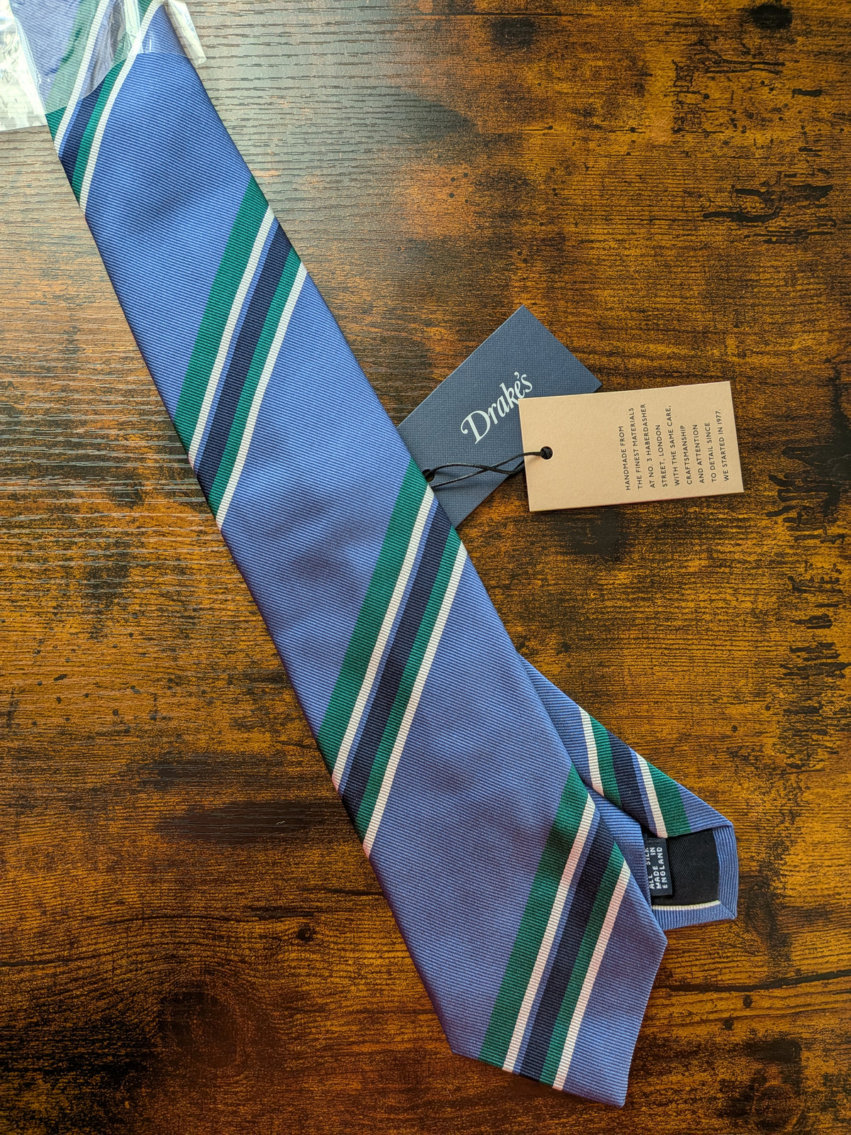 Drake's blue green block striped handmade silk tie product image
