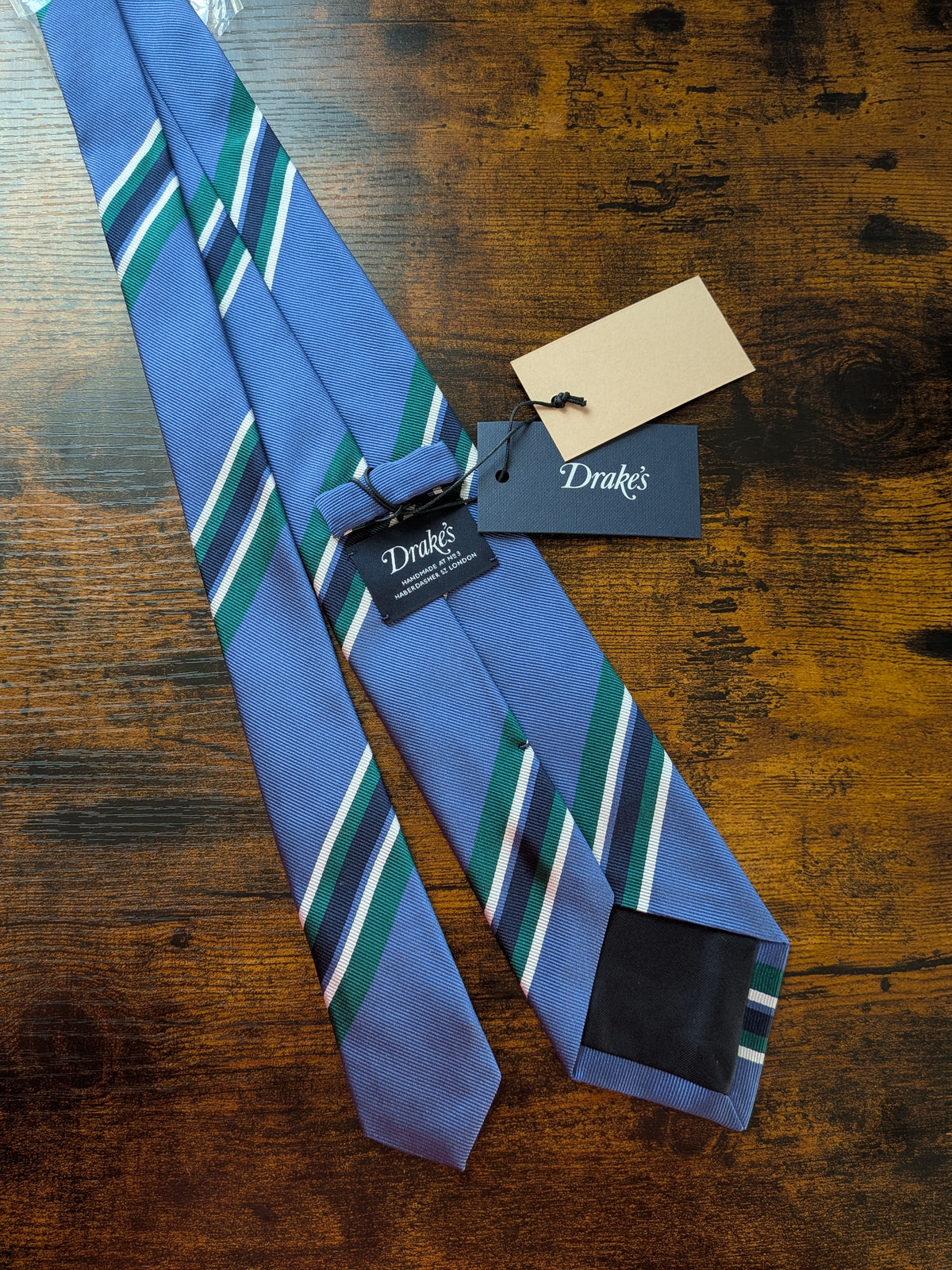 Drake's blue green block striped handmade silk tie detail view 2