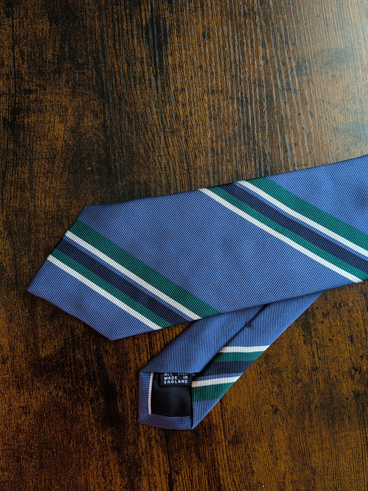 Drake's blue green block striped handmade silk tie detail view 3