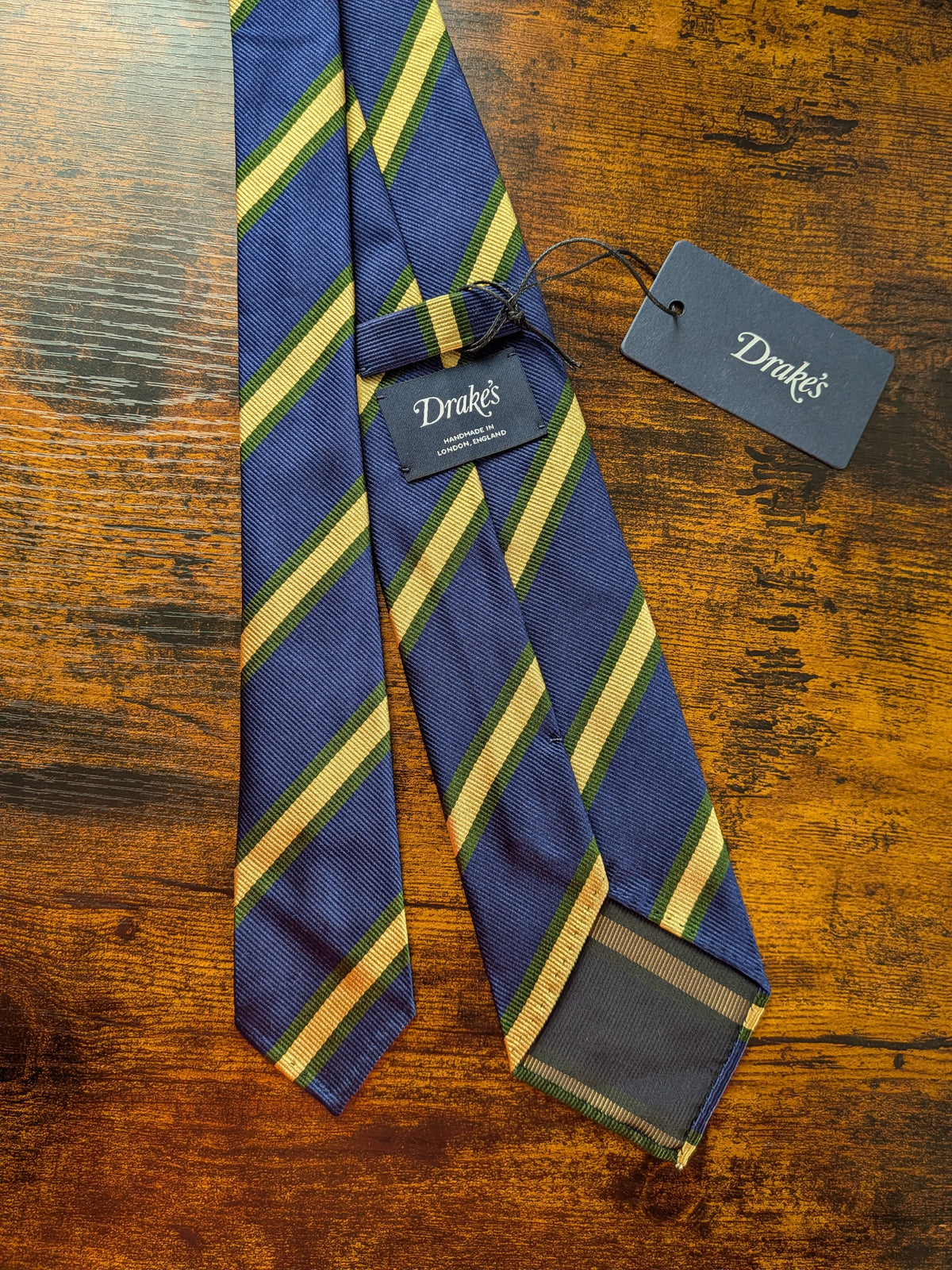 Drake's blue green yellow handmade striped silk tie detail view 2