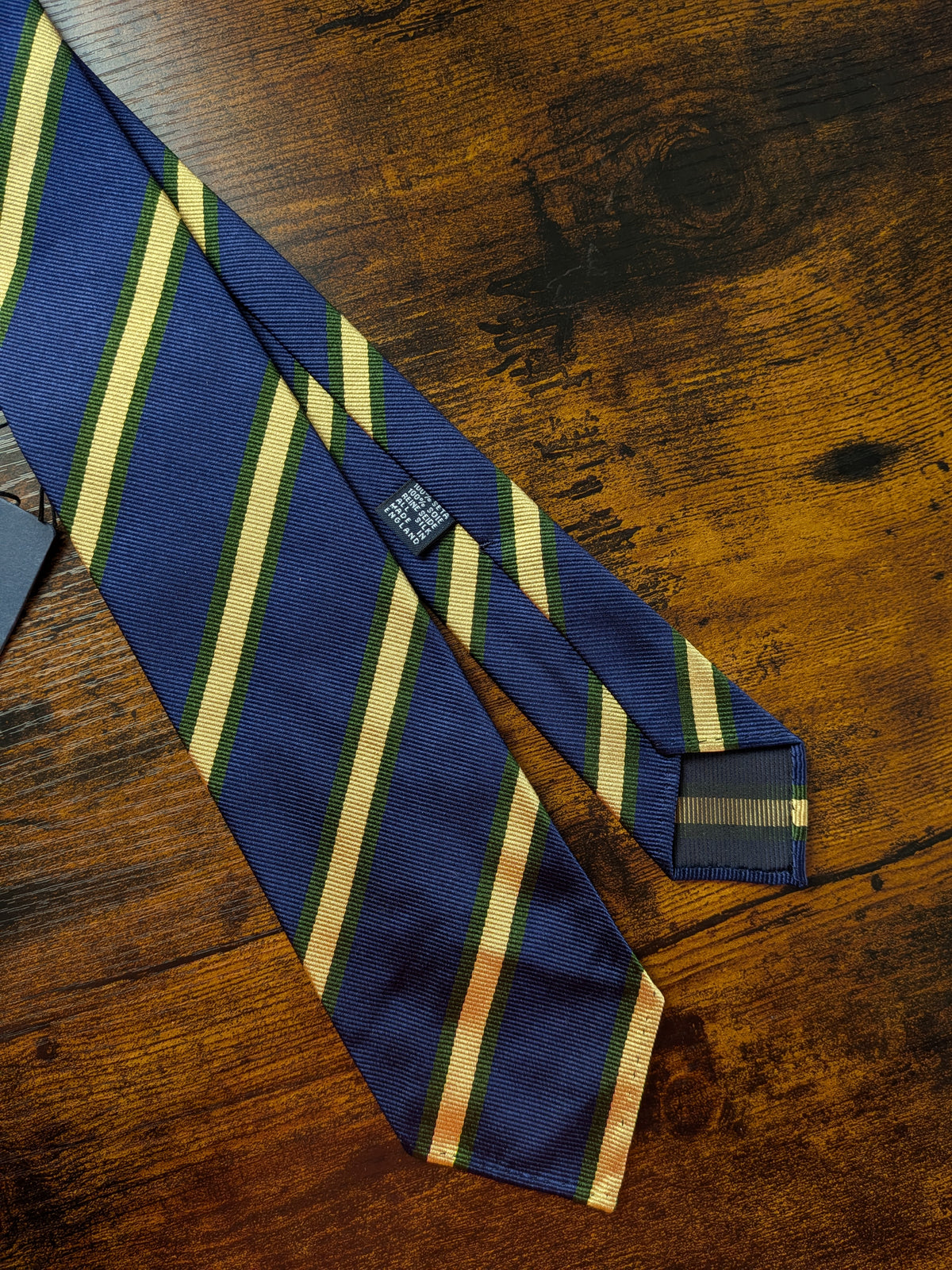 Drake's blue green yellow handmade striped silk tie detail view 3