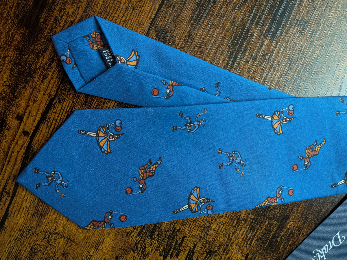Drake's blue jesters circus handmade tipped silk tie circus detail view 2