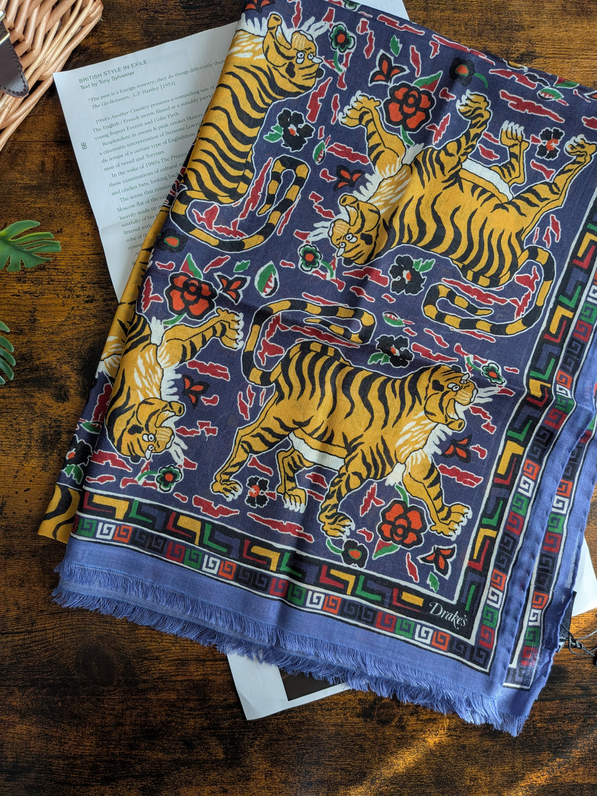 Drake's Blue Jumbo Tiger Print Wool-Silk Scarf - image 1