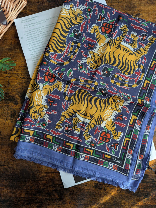 Drake's Blue Jumbo Tiger Print Wool-Silk Scarf - image 1