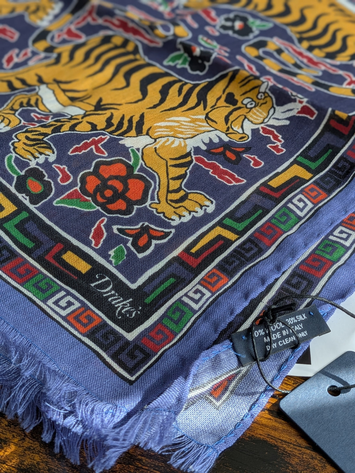 Drake's Blue Jumbo Tiger Print Wool-Silk Scarf - image 4