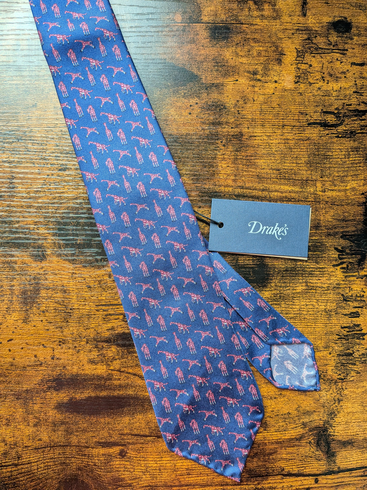 Drake's blue pink giraffe handmade tipped silk tie product image