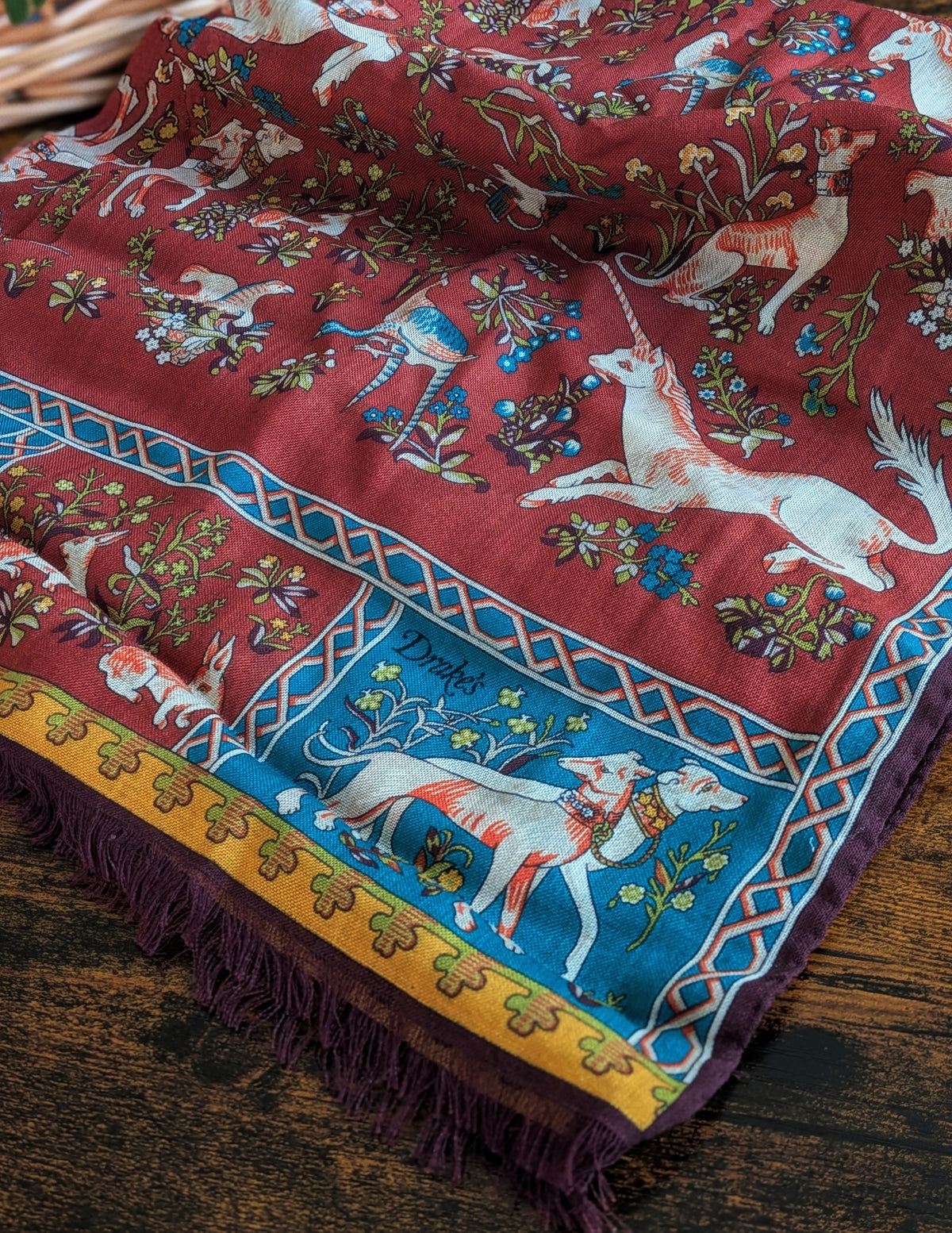 Drake's Brick Red and Blue Unicorn Print Tubular Wool Silk Scarf - image 1
