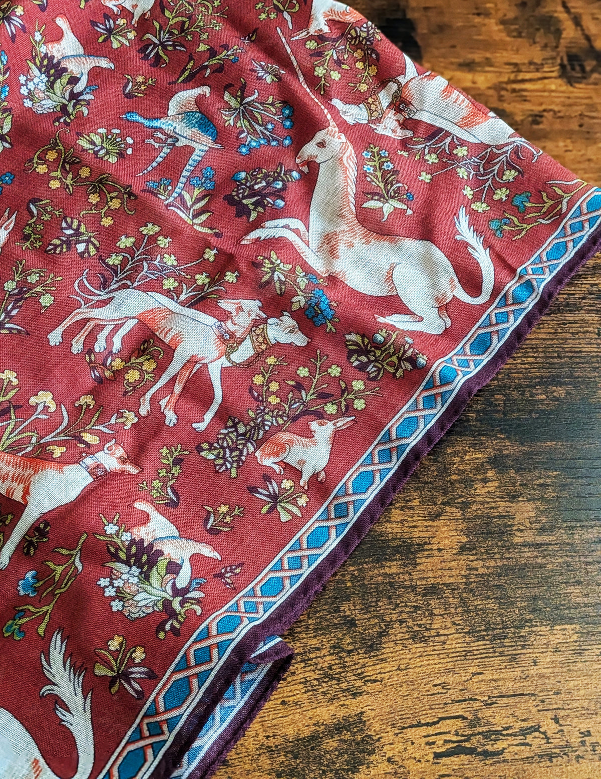 Drake's Brick Red and Blue Unicorn Print Tubular Wool Silk Scarf - image 2