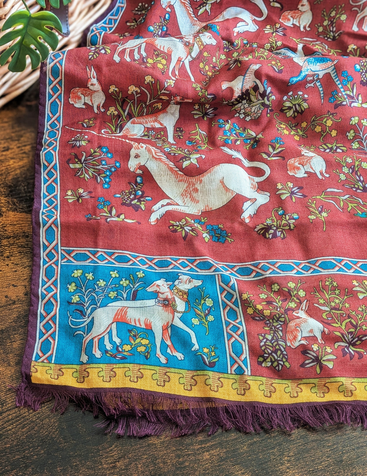 Drake's Brick Red and Blue Unicorn Print Tubular Wool Silk Scarf - image 3