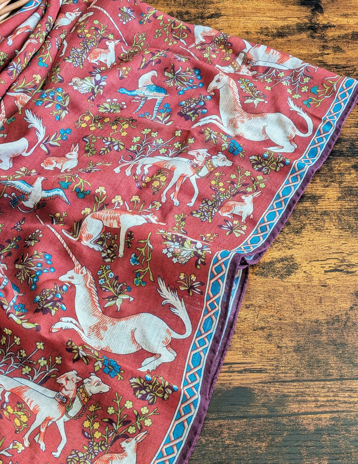 Drake's Brick Red and Blue Unicorn Print Tubular Wool Silk Scarf - image 4