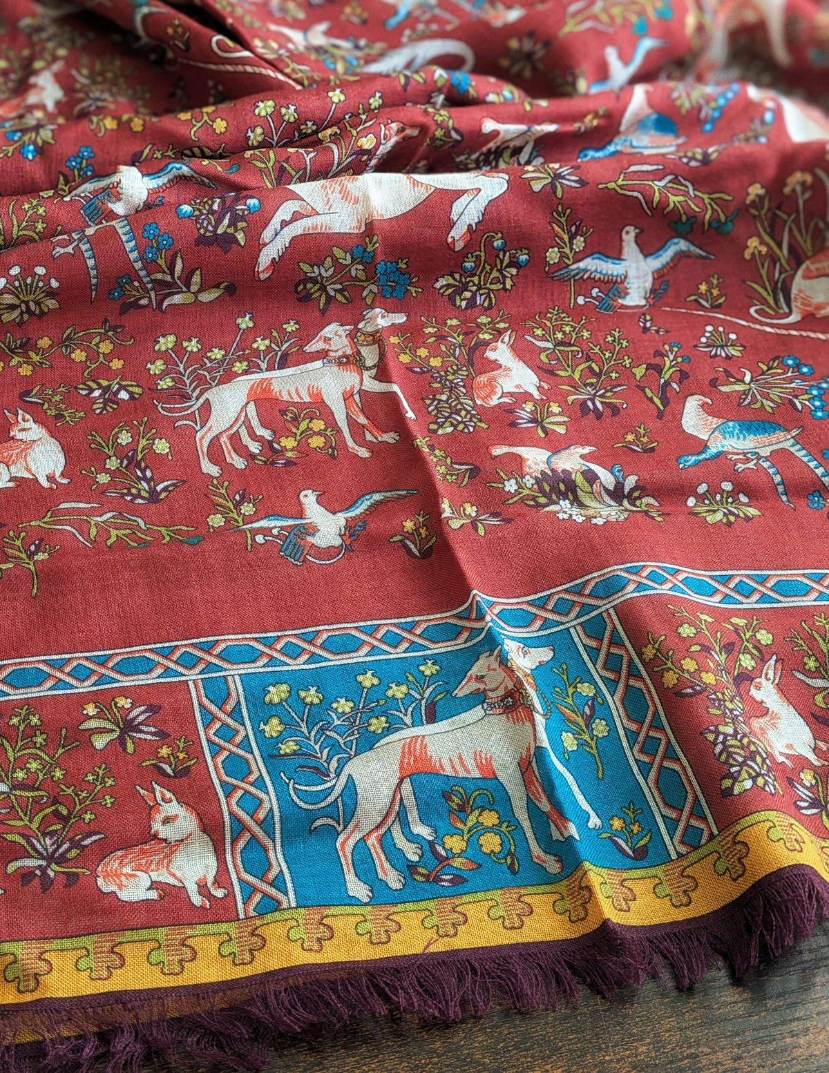 Drake's Brick Red and Blue Unicorn Print Tubular Wool Silk Scarf - image 5