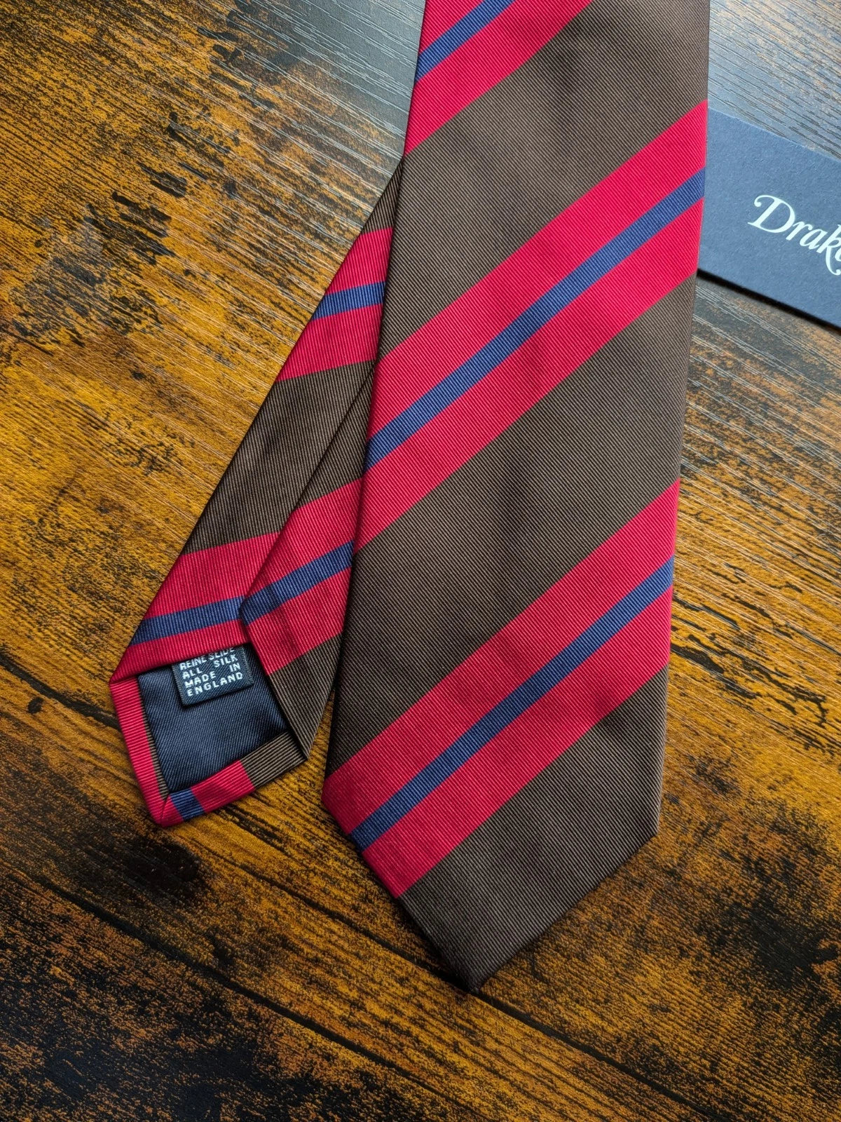 Drake's brown and red striped handmade silk tie detail view 3