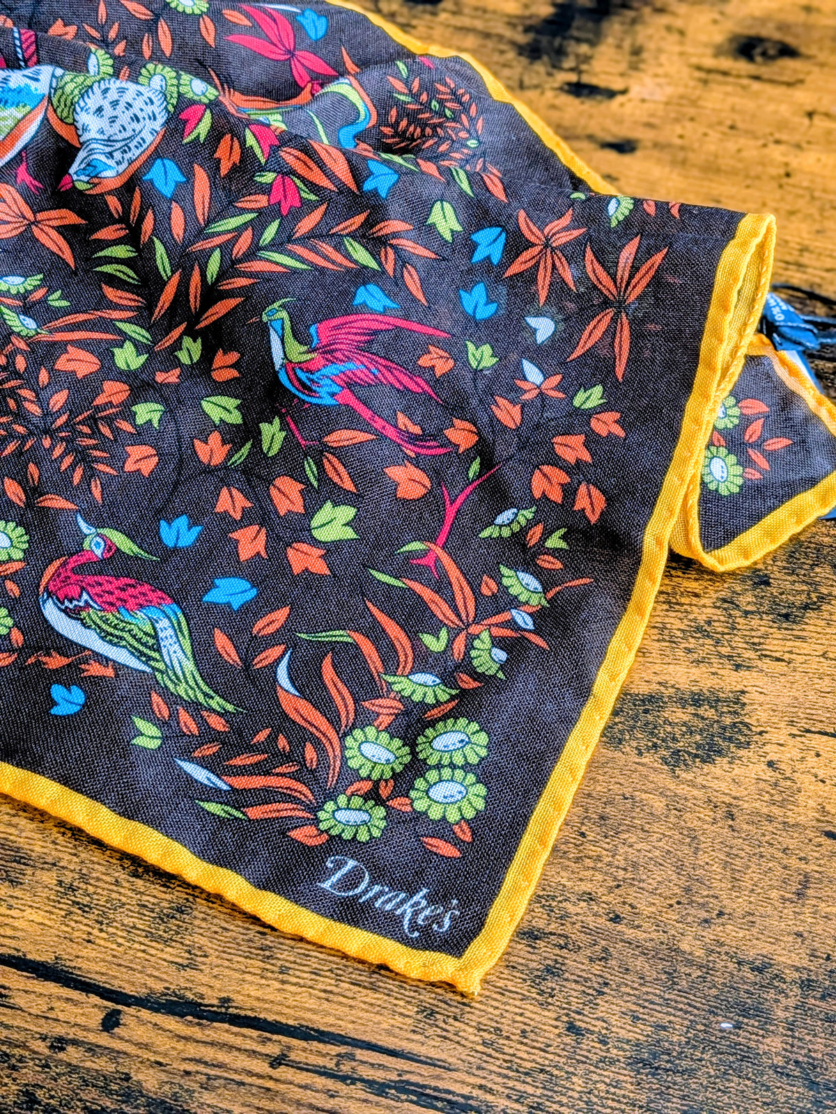 Drake's Brown Birds of Paradise Print Wool-Silk Pocket Square - image 1