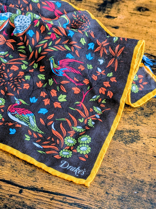 Drake's Brown Birds of Paradise Print Wool-Silk Pocket Square - image 1